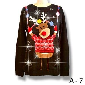 Ugly Christmas Sweater Reindeer Dangling Legs Sz L Rhinestone Blizzard Snowflake